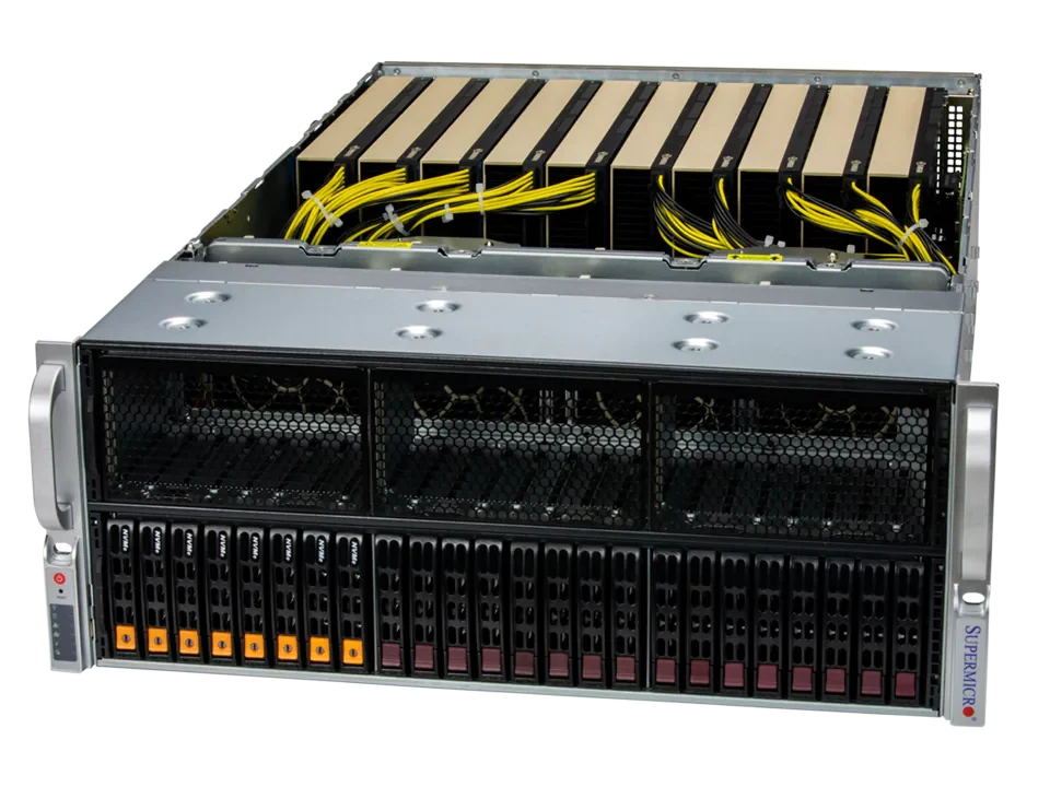 GPU-сервер Supermicro 4U со снятой крышкой, внутри 10 GPU